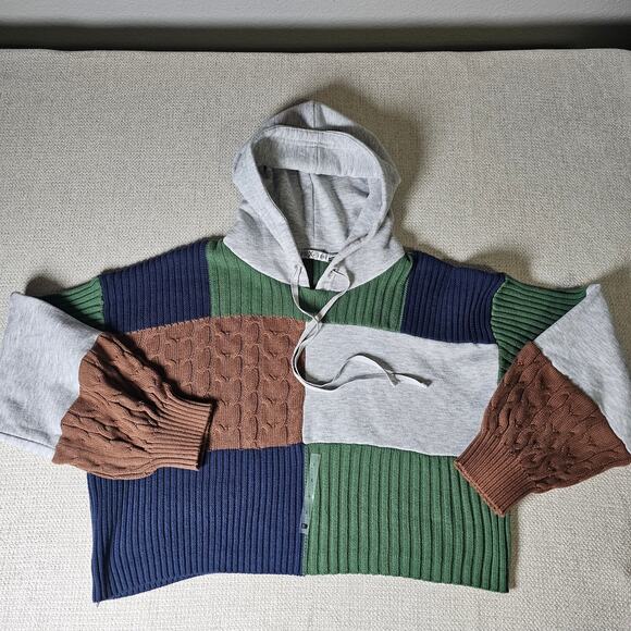 New Fitz+Eddi Color Block Mix Media Crop Sweater with Hood Green Brown Blue Gray - Picture 4 of 9